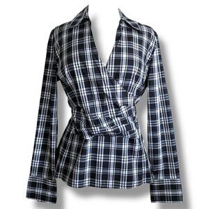 Talbots Womens Blouse Sz 12 Black White Plaid Stretch Cotton Faux Wrap Top Shirt